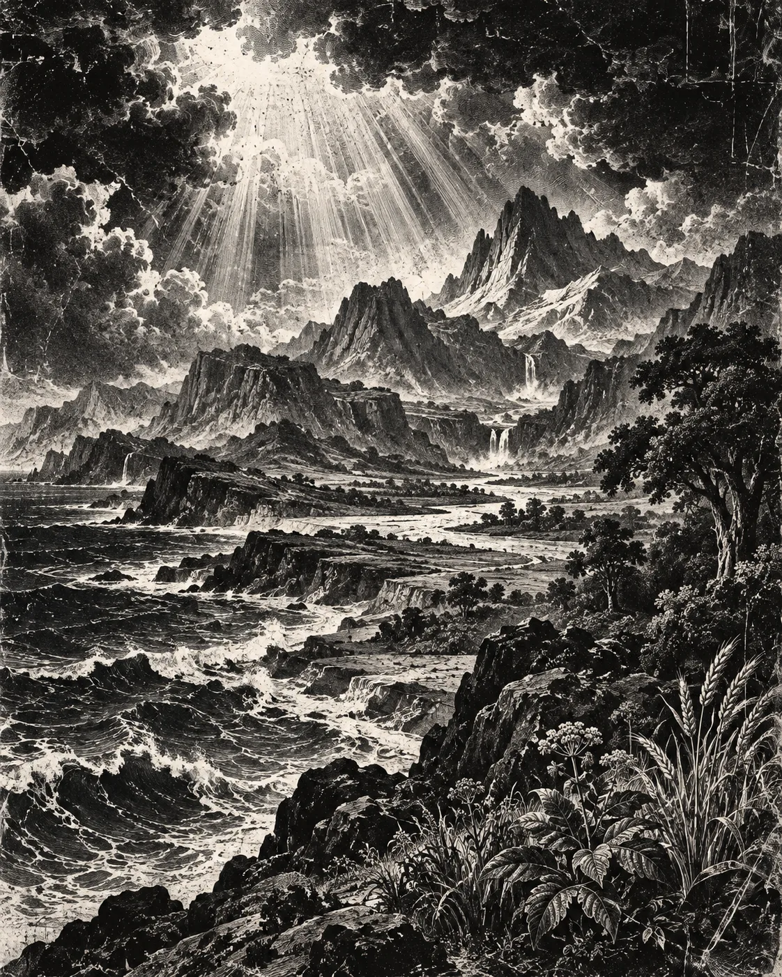 Illustrative engraving of land and seas